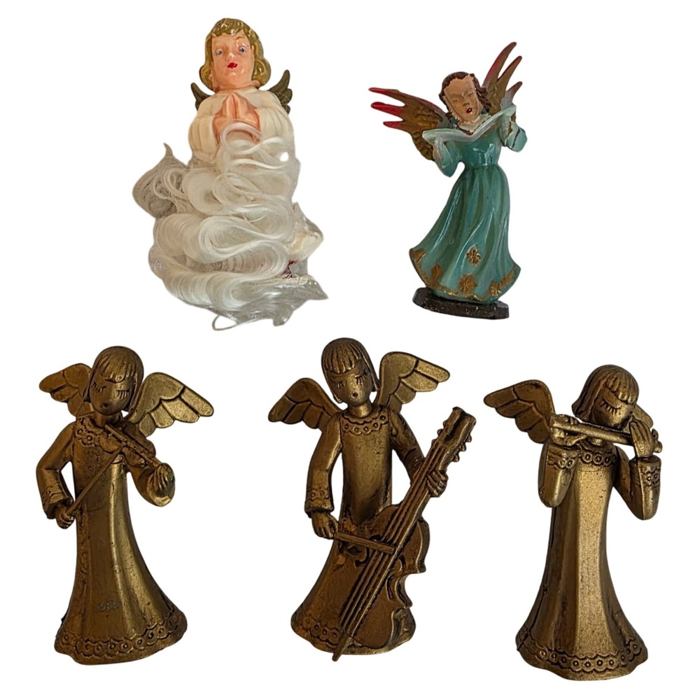 Vintage Plastic MCM‎ Angel Figurines Set of 5. Hong Kong. Gold. Musical